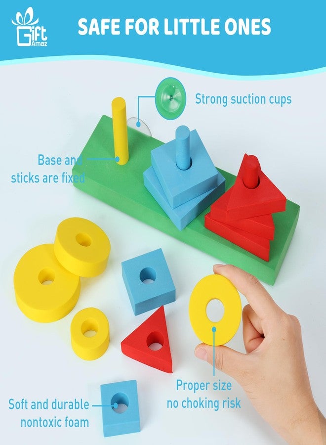 GiftAmaz 3-in-1 Bath Toys for Toddlers 1-3, Mold Free Foam Sorting & Stacking Sensory Toys - Suction Cup, Shape Color Size Learning Water Toy, Montessori Baby Bathtub Wall Toy for Kids Ages 1-3 2-4 - Image 5